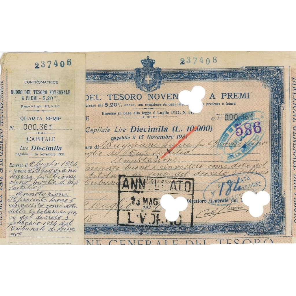BUONO DEL TESORO NOVENNALE - LIRE 10000 ROMA 1924