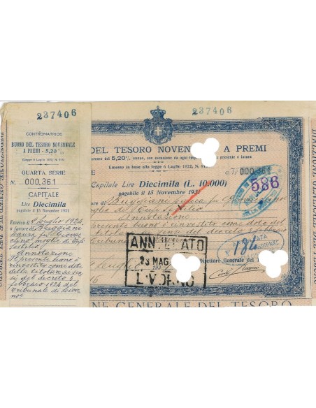 BUONO DEL TESORO NOVENNALE - LIRE 10000 ROMA 1924