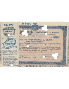 BUONO DEL TESORO NOVENNALE - LIRE 50000 ROMA 1923