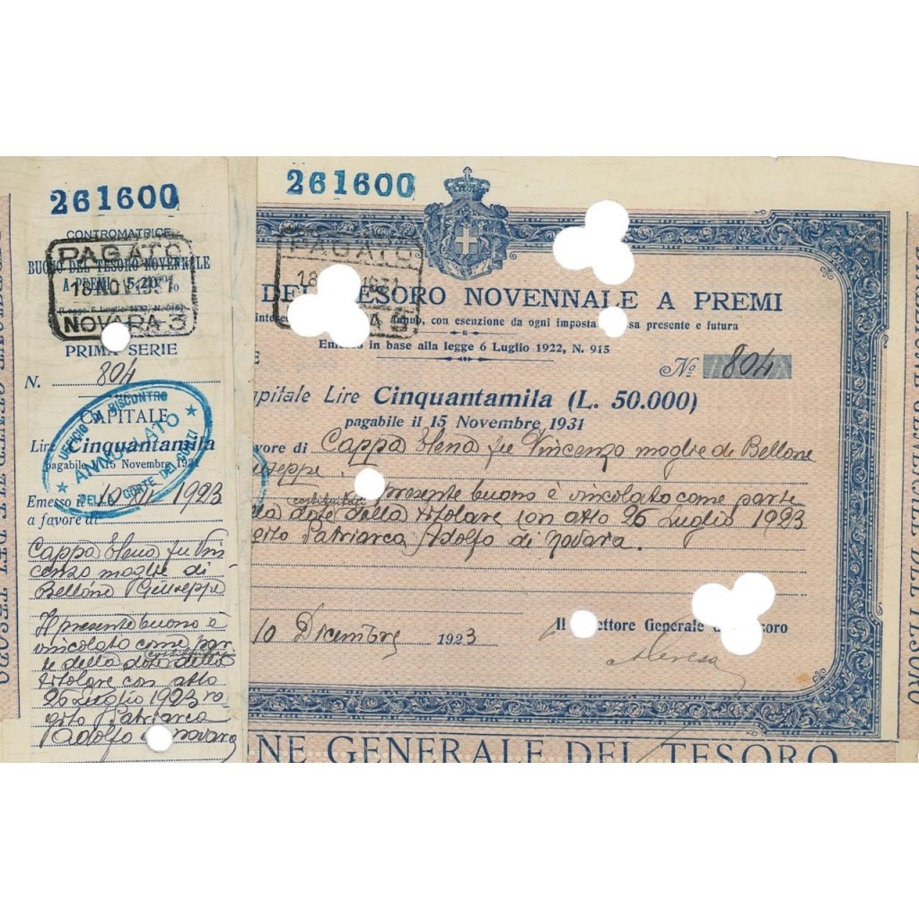 BUONO DEL TESORO NOVENNALE - LIRE 50000 ROMA 1923