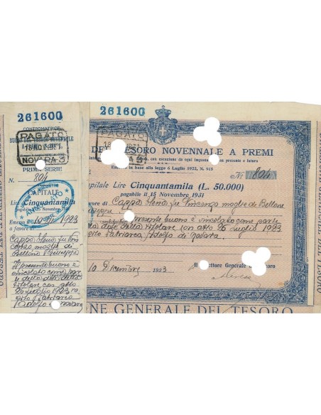 BUONO DEL TESORO NOVENNALE - LIRE 50000 ROMA 1923
