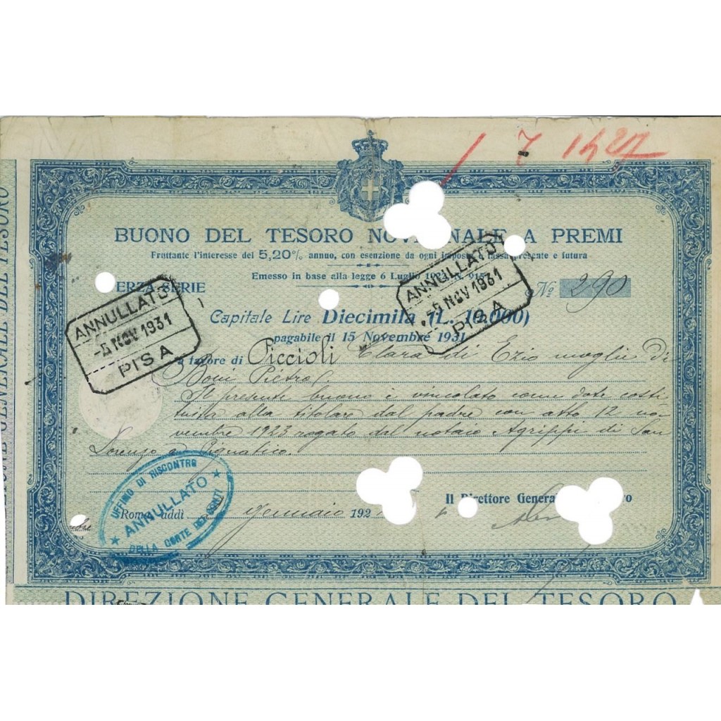 BUONO DEL TESORO NOVENNALE - LIRE 50000 ROMA 1924