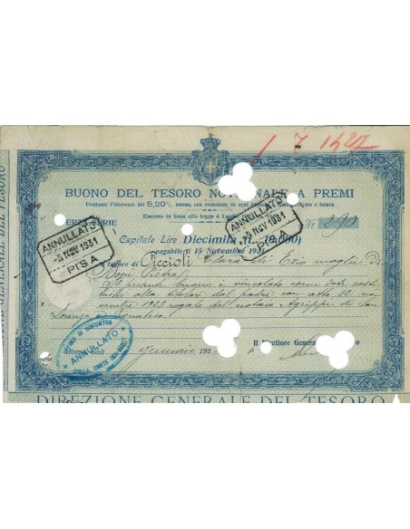 BUONO DEL TESORO NOVENNALE - LIRE 50000 ROMA 1924