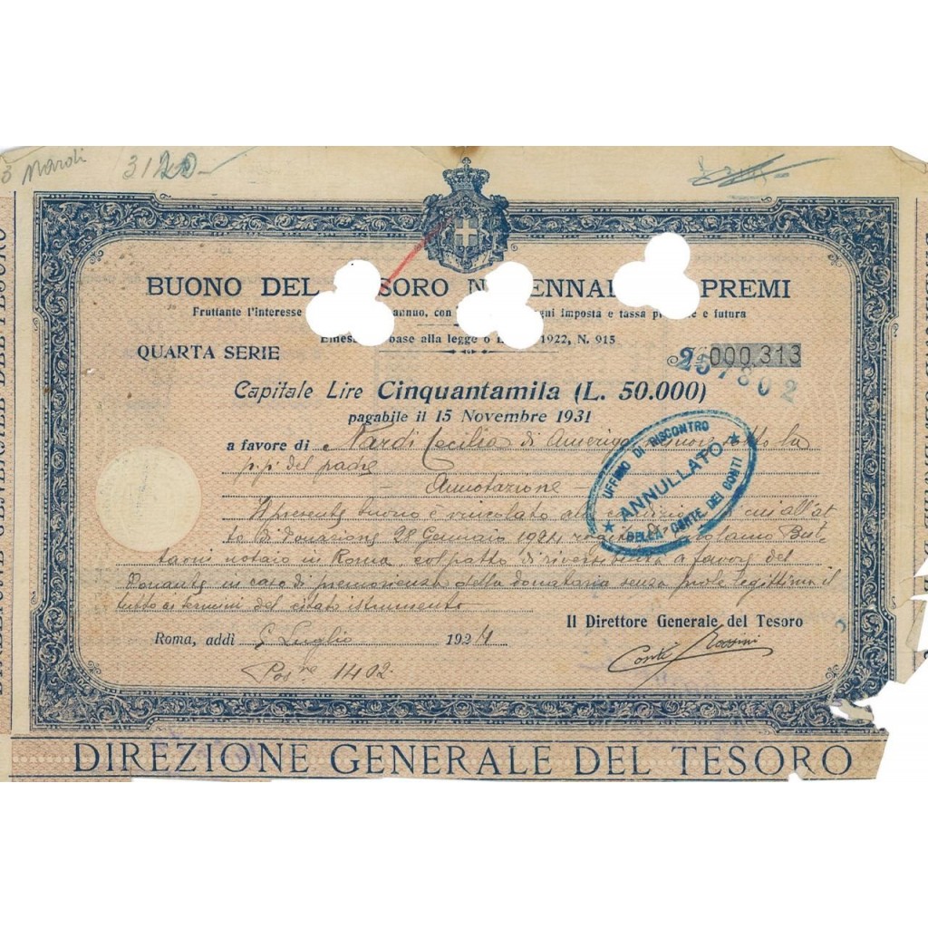 BUONO DEL TESORO NOVENNALE - LIRE 50000 ROMA 1924
