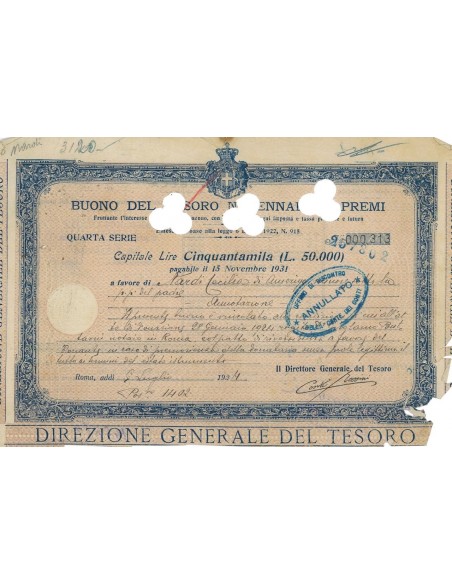 BUONO DEL TESORO NOVENNALE - LIRE 50000 ROMA 1924
