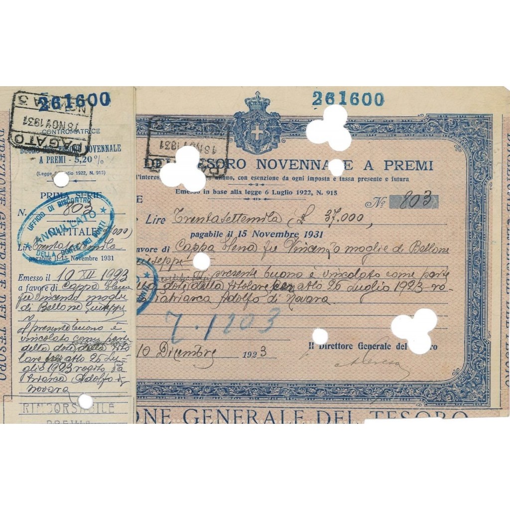 BUONO DEL TESORO NOVENNALE - INTERESSE 5,20% ROMA 1923