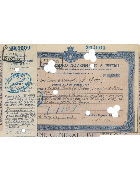 BUONO DEL TESORO NOVENNALE - INTERESSE 5,20% ROMA 1923