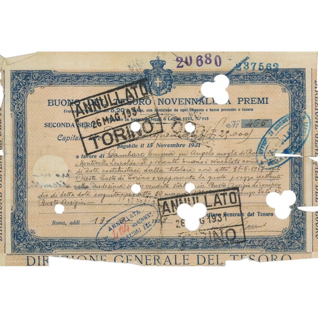BUONO DEL TESORO NOVENNALE - SECONDA SERIE ROMA 1923