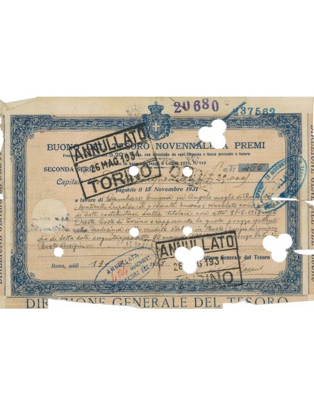BUONO DEL TESORO NOVENNALE - SECONDA SERIE ROMA 1923