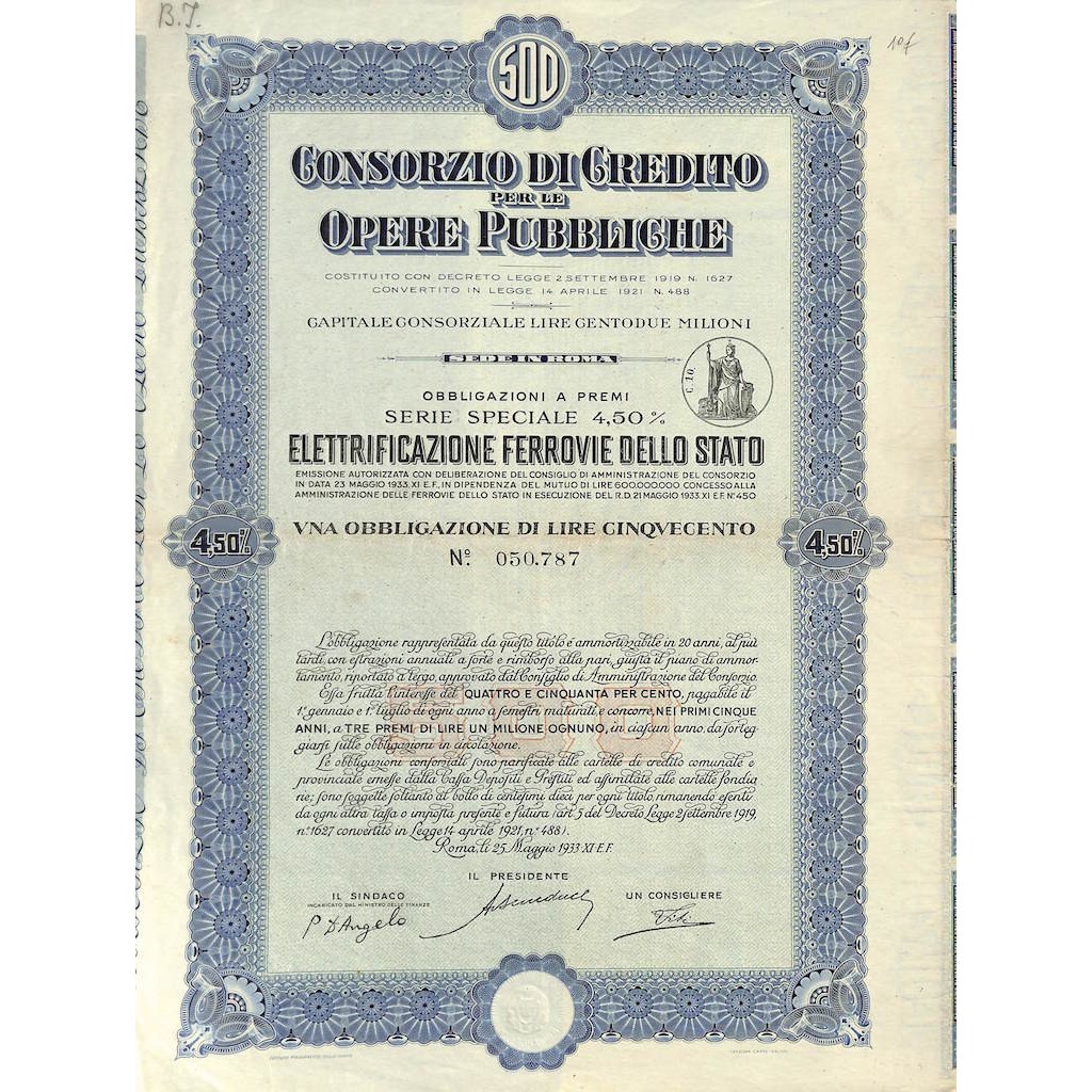 CONS. DI CREDITO PER LE OPERE PUBBLICHE IST. RICOSTRUZIONE IND. 1 OBBL. 4,50% ROMA 1933