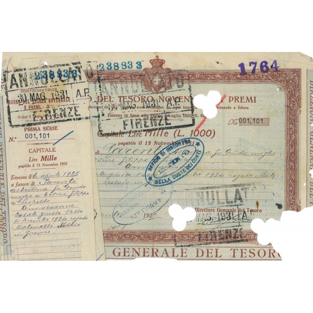BUONO DEL TESORO NOVENNALE - 1000 LIRE 1925