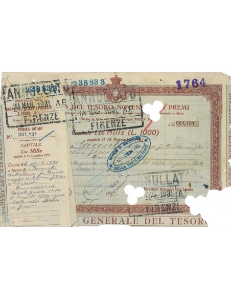 BUONO DEL TESORO NOVENNALE - 1000 LIRE 1925