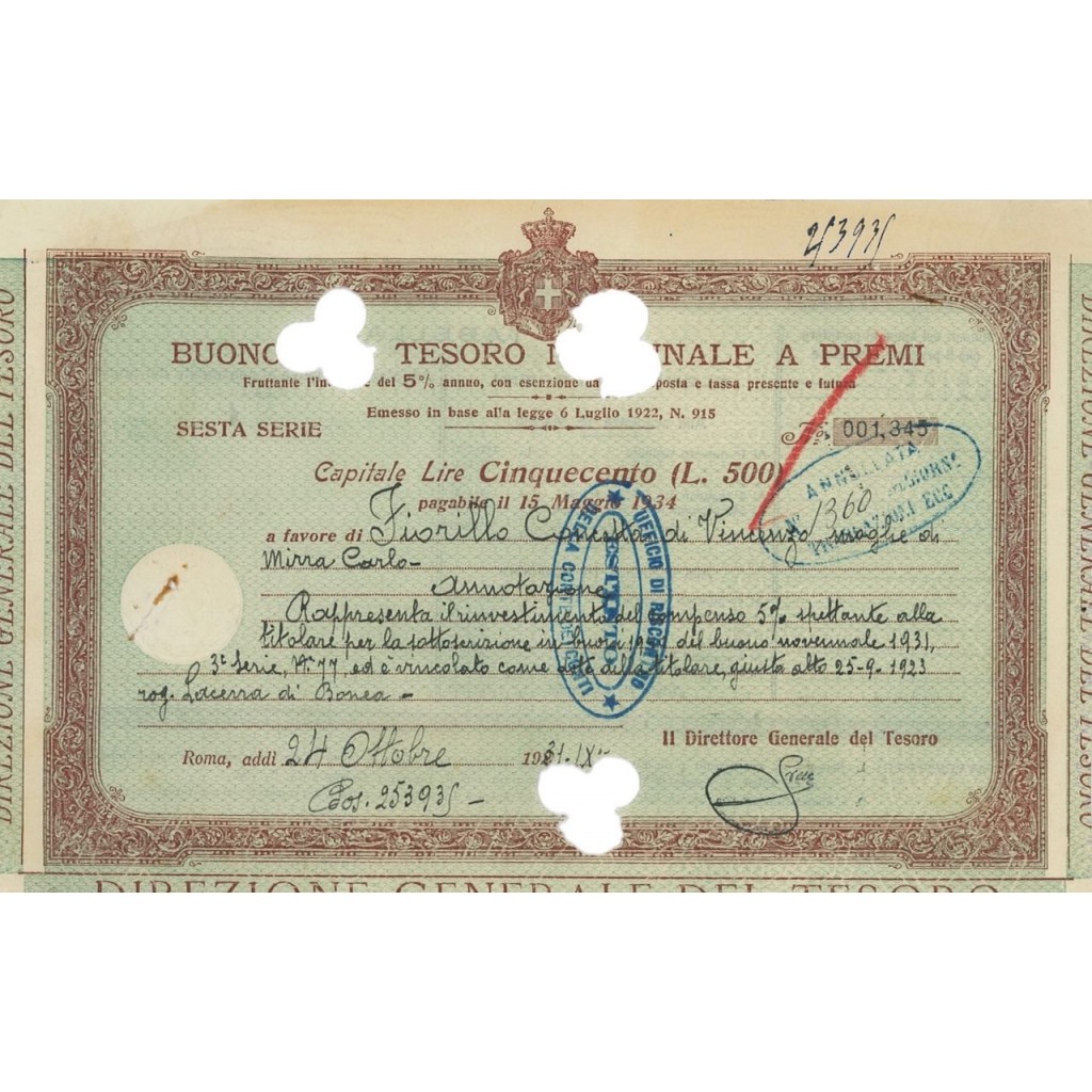 BUONO DEL TESORO NOVENNALE - 500 LIRE CREMONA 1931
