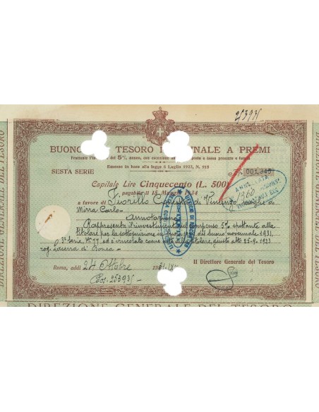 BUONO DEL TESORO NOVENNALE - 500 LIRE CREMONA 1931