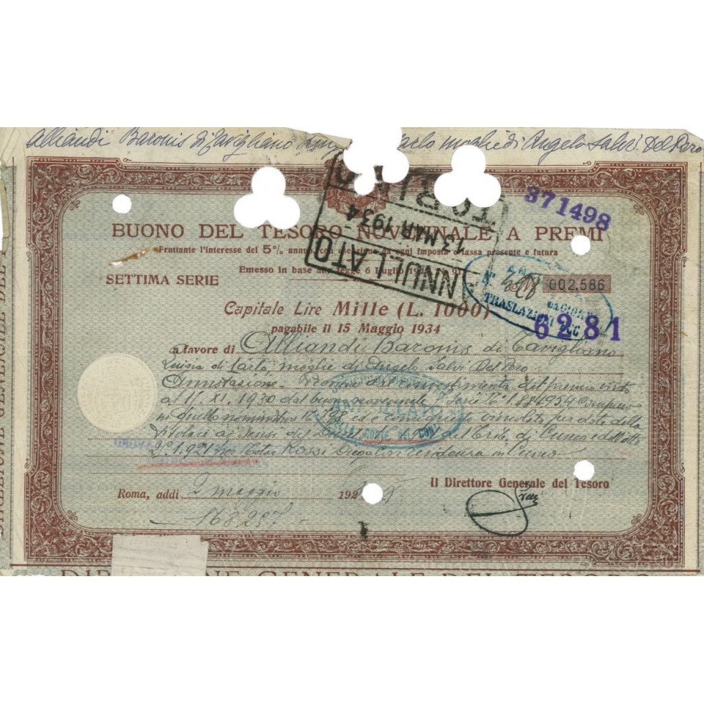 BUONO DEL TESORO NOVENNALE - 1000 LIRE ROMA 1934