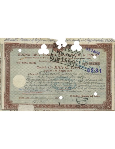BUONO DEL TESORO NOVENNALE - 1000 LIRE ROMA 1934