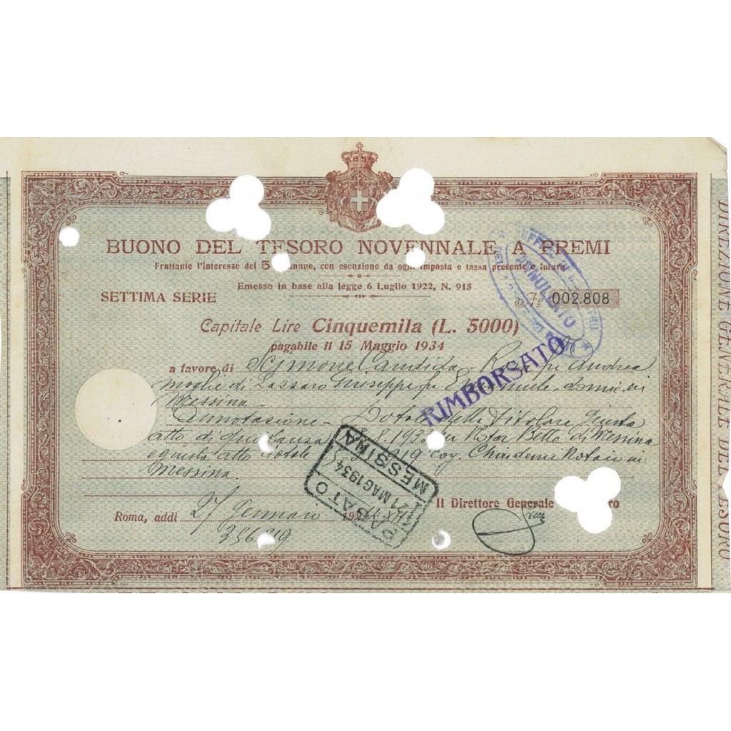 BUONO DEL TESORO NOVENNALE - 5000 LIRE ROMA 1934