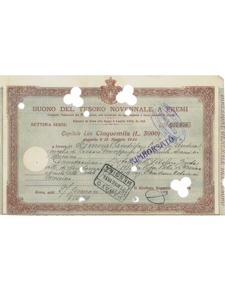 BUONO DEL TESORO NOVENNALE - 5000 LIRE ROMA 1934