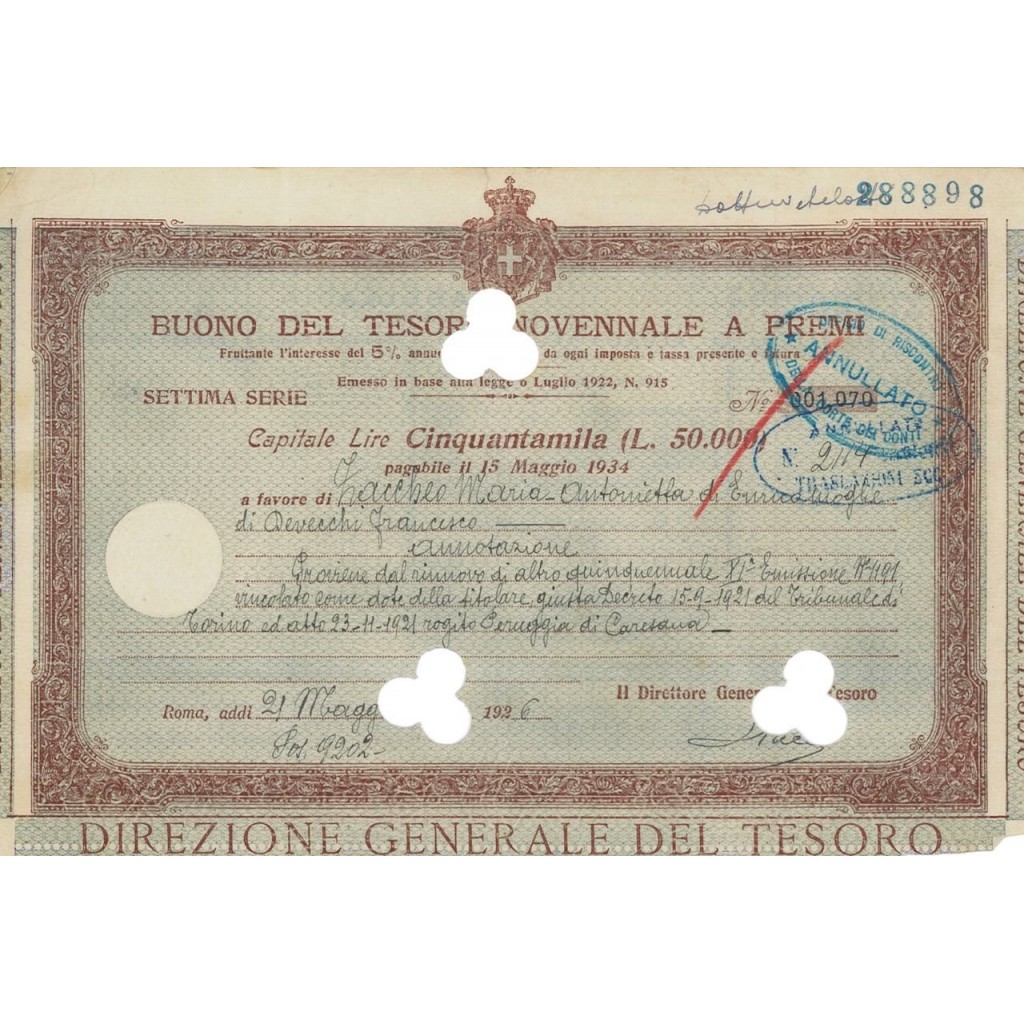 BUONO DEL TESORO NOVENNALE - 50000 LIRE ROMA 1926