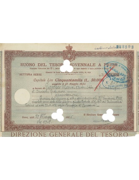 BUONO DEL TESORO NOVENNALE - 50000 LIRE ROMA 1926