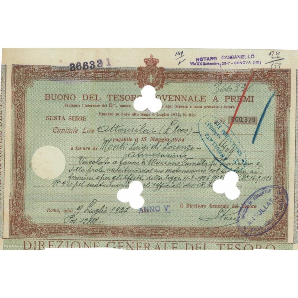 BUONO DEL TESORO NOVENNALE - SESTA SERIE ROMA 1927