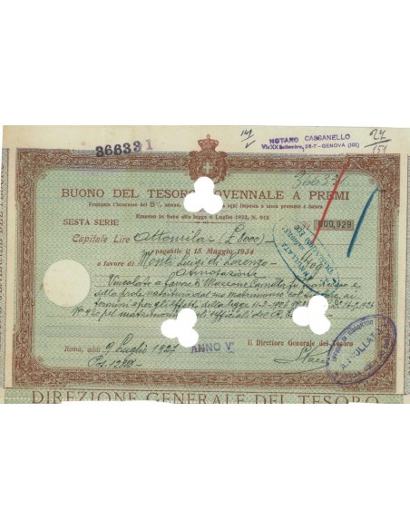 BUONO DEL TESORO NOVENNALE - SESTA SERIE ROMA 1927