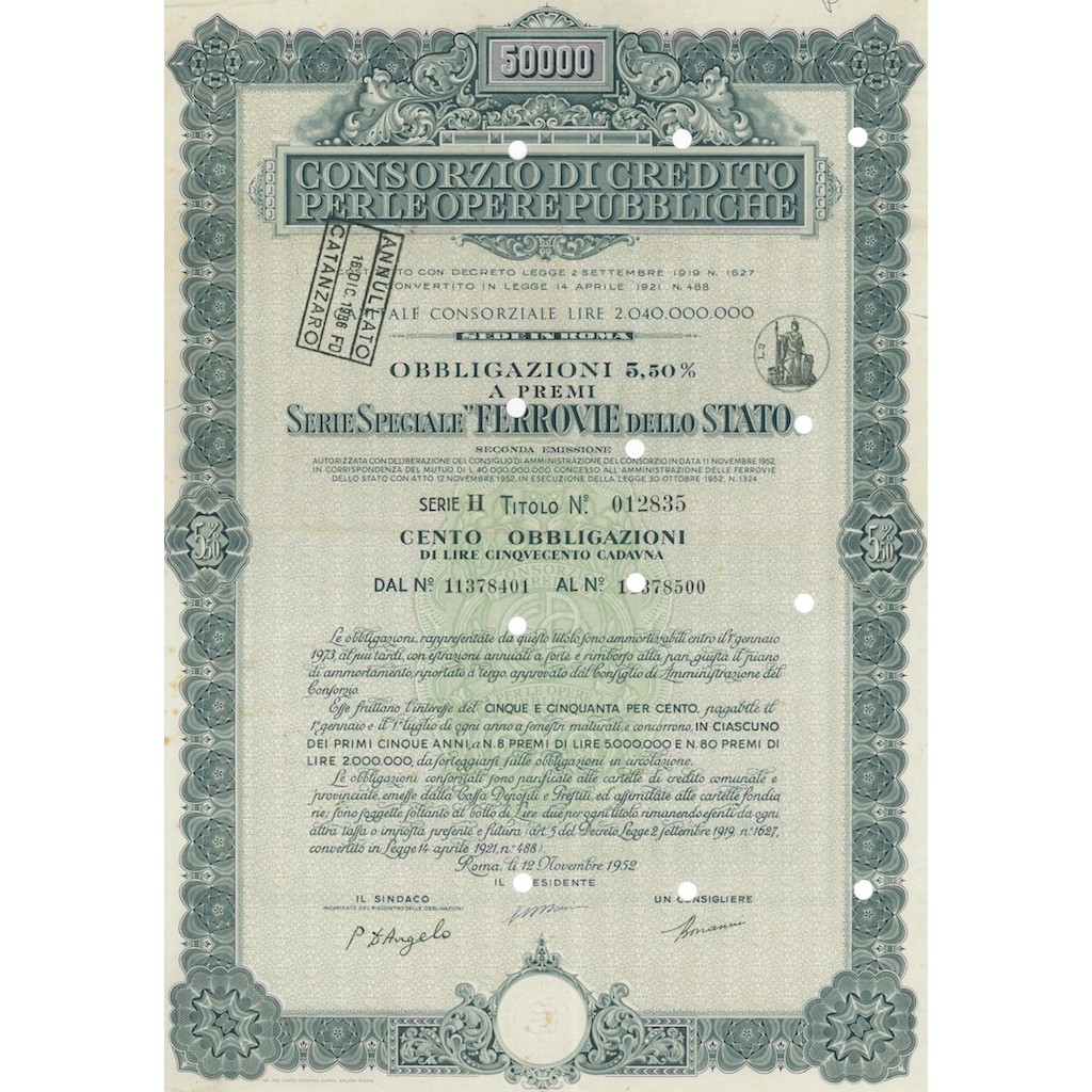 CONS. DI CREDITO PER LE OPERE PUBBLICHE FERROVIE DELLO STATO 100 OBBL. 5,50% ROMA 1952