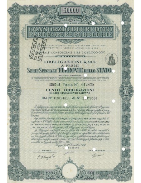 CONS. DI CREDITO PER LE OPERE PUBBLICHE FERROVIE DELLO STATO 100 OBBL. 5,50% ROMA 1952