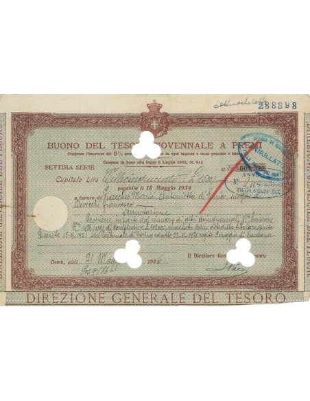 BUONO DEL TESORO NOVENNALE - SETTIMA SERIE ROMA 1926