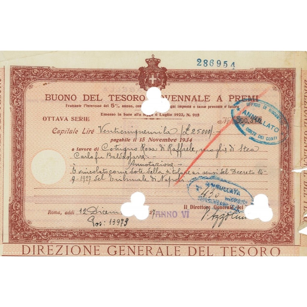 BUONO DEL TESORO NOVENNALE - OTTAVA SERIE ROMA 1927
