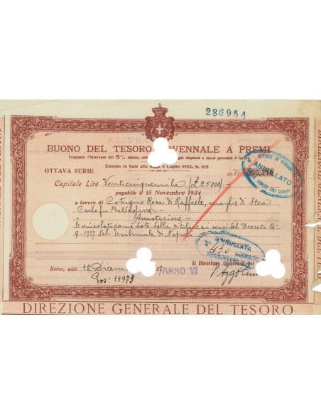 BUONO DEL TESORO NOVENNALE - OTTAVA SERIE ROMA 1927