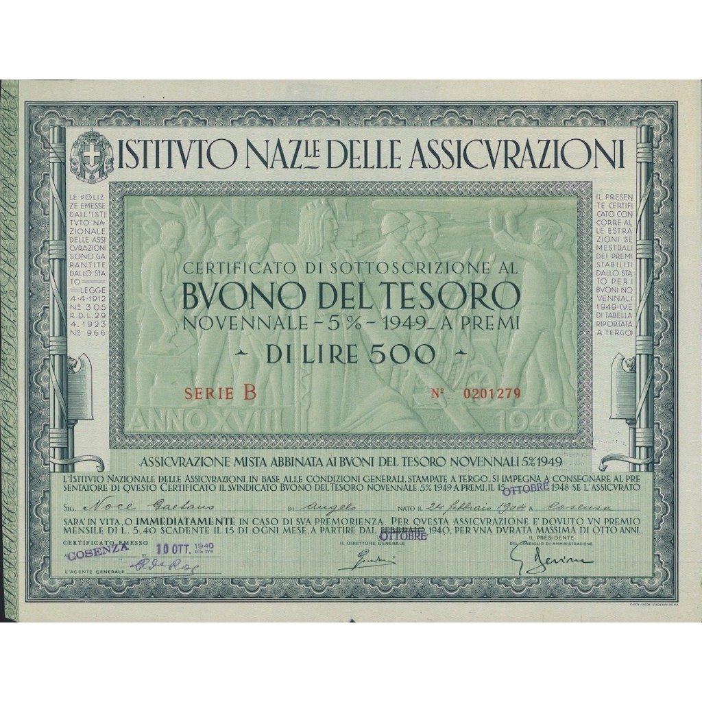BTP NOVENNALE 500 LIRE SERIE B - IST. NAZ. DELLE ASSICURAZIONI 1940
