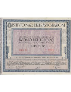 BTP NOVENNALE 500 LIRE SERIE B - IST. NAZ. DELLE ASSICURAZIONI 1941