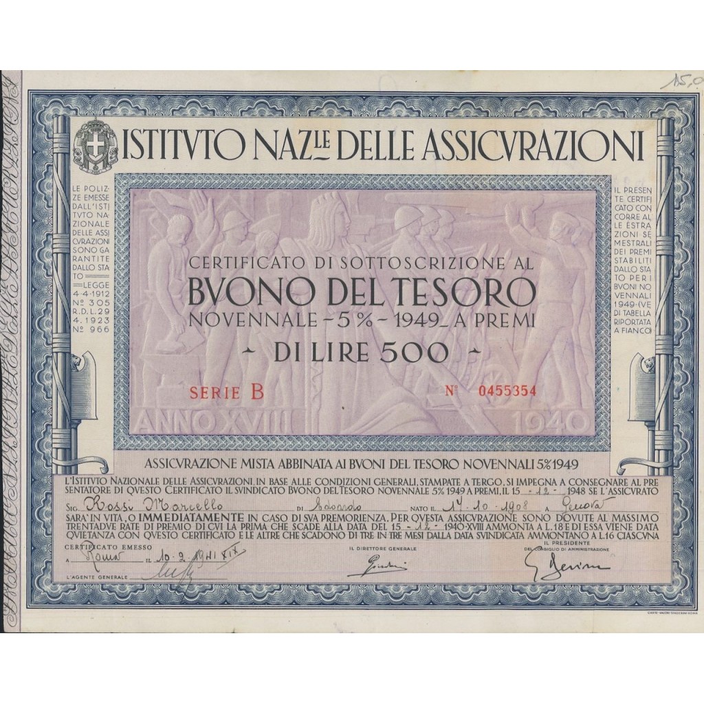BTP NOVENNALE 500 LIRE SERIE B - IST. NAZ. DELLE ASSICURAZIONI 1941