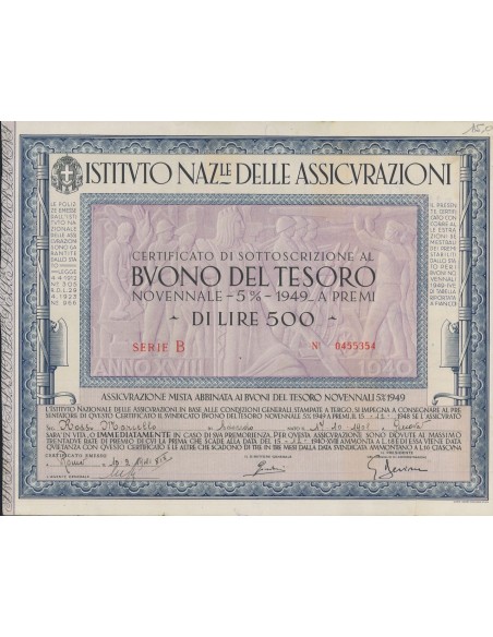 BTP NOVENNALE 500 LIRE SERIE B - IST. NAZ. DELLE ASSICURAZIONI 1941