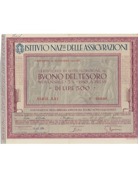 BTP NOVENNALE 500 LIRE SERIE XXI - IST. NAZ. DELLE ASSICURAZIONI 1941