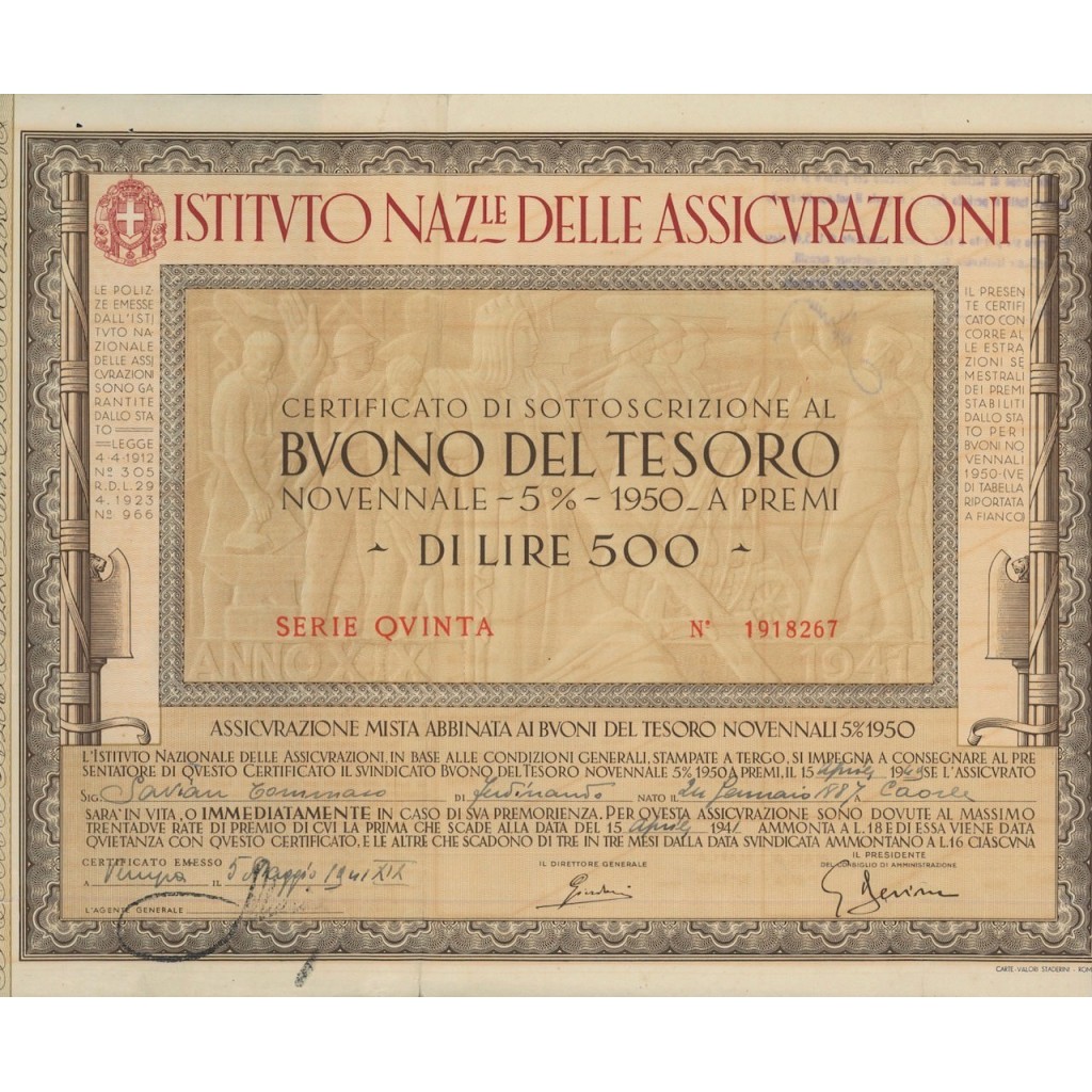 BTP NOVENNALE 500 LIRE SERIE QUINTA - IST. NAZ. DELLE ASSICURAZIONI 1941