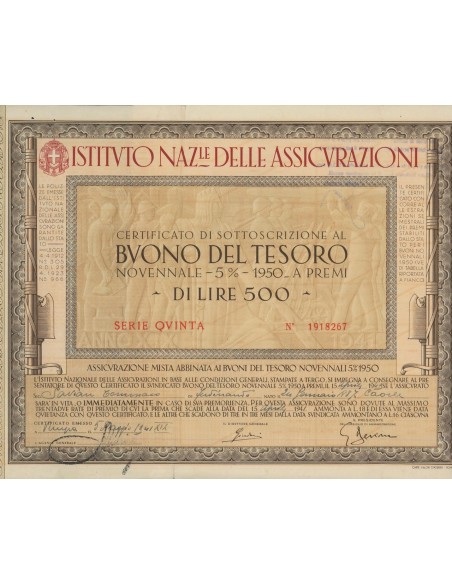 BTP NOVENNALE 500 LIRE SERIE QUINTA - IST. NAZ. DELLE ASSICURAZIONI 1941