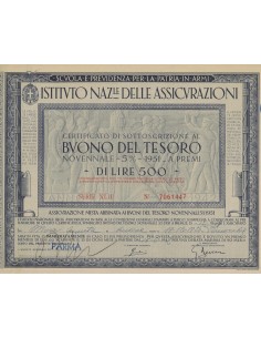 BTP NOVENNALE 500 LIRE SERIE XLII - IST. NAZ. DELLE ASSICURAZIONI 1942