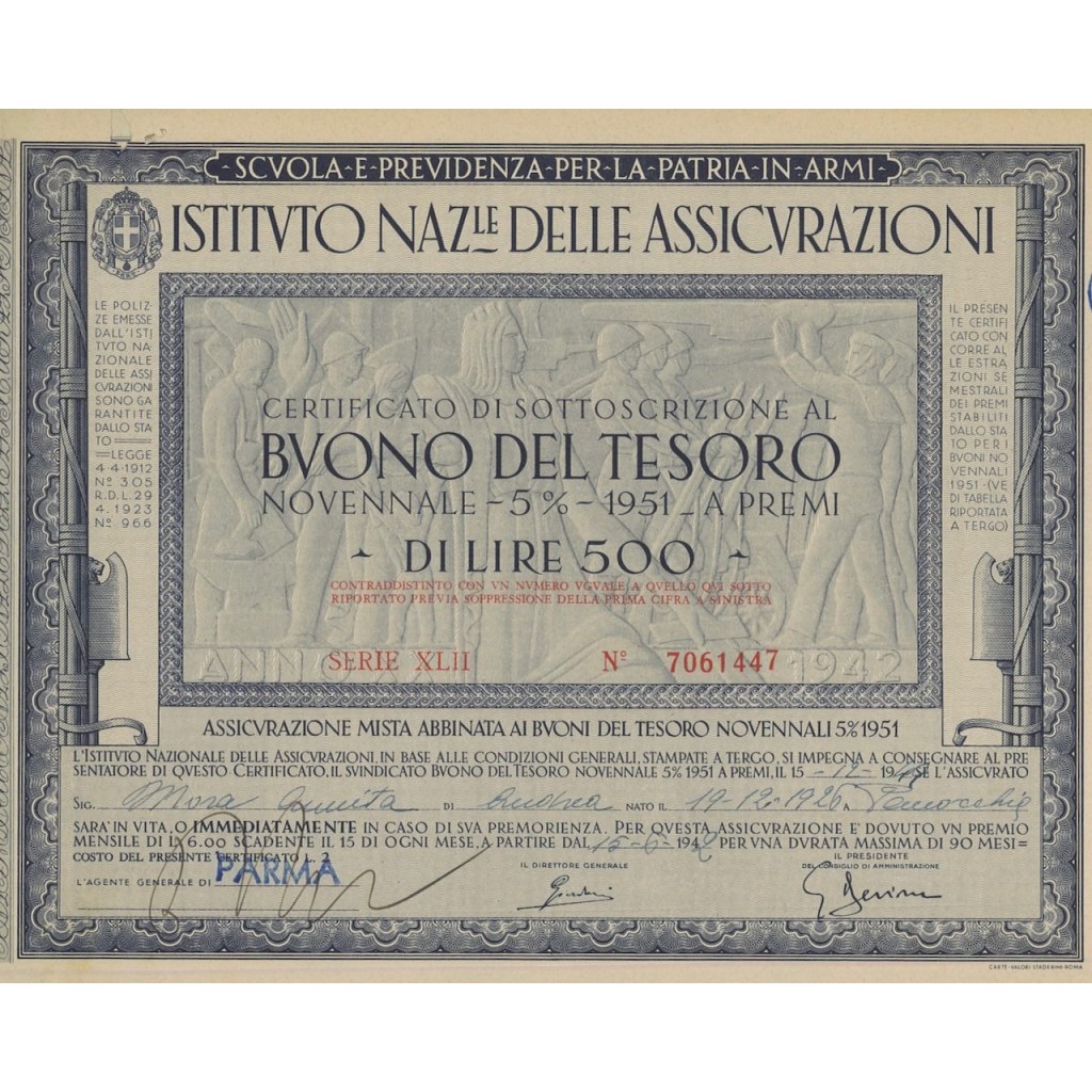 BTP NOVENNALE 500 LIRE SERIE XLII - IST. NAZ. DELLE ASSICURAZIONI 1942