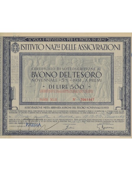 BTP NOVENNALE 500 LIRE SERIE XLII - IST. NAZ. DELLE ASSICURAZIONI 1942