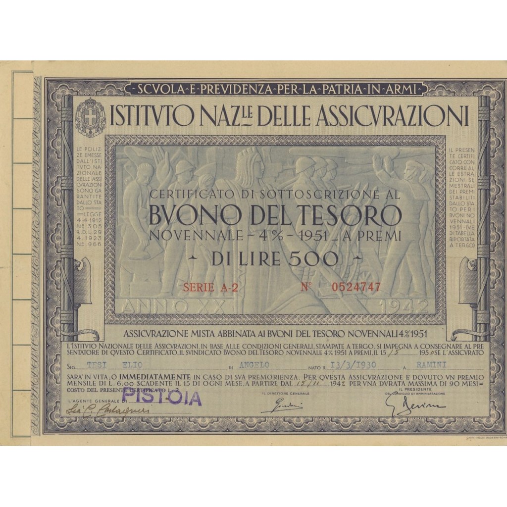 BTP NOVENNALE 500 LIRE SERIE A-2 - IST. NAZ. DELLE ASSICURAZIONI 1942