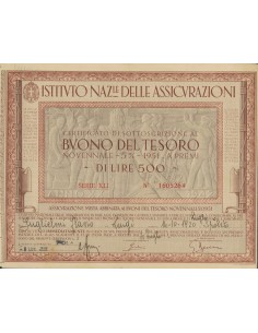 BTP NOVENNALE 500 LIRE SERIE XLI - IST. NAZ. DELLE ASSICURAZIONI 1942