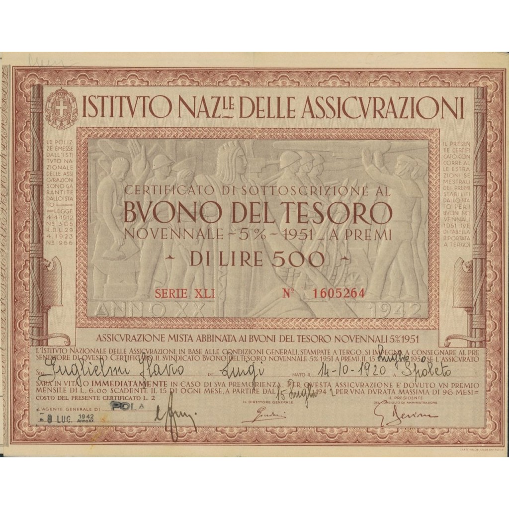 BTP NOVENNALE 500 LIRE SERIE XLI - IST. NAZ. DELLE ASSICURAZIONI 1942