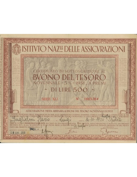 BTP NOVENNALE 500 LIRE SERIE XLI - IST. NAZ. DELLE ASSICURAZIONI 1942