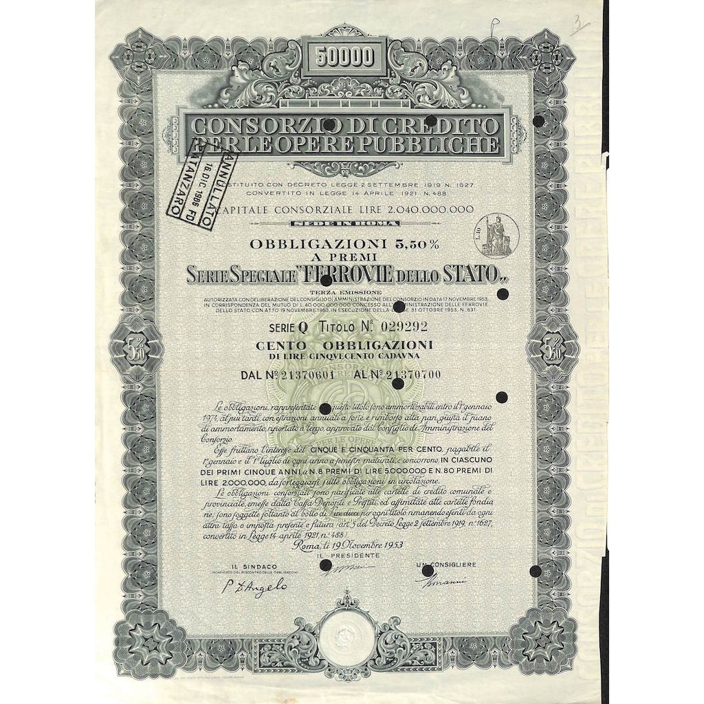CONS. DI CREDITO PER LE OPERE PUBBLICHE FERROVIE DELLO STATO 100 OBBL. 5,50% ROMA 1953