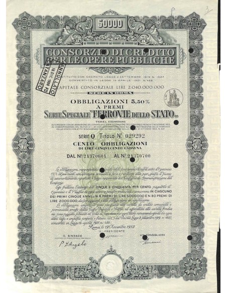 CONS. DI CREDITO PER LE OPERE PUBBLICHE FERROVIE DELLO STATO 100 OBBL. 5,50% ROMA 1953