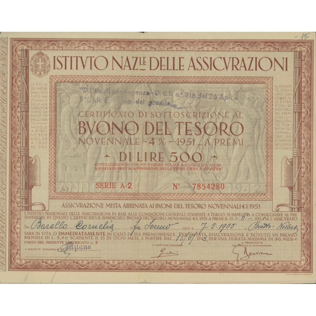 BTP NOVENNALE 500 LIRE SERIE A-2 - IST. NAZ. DELLE ASSICURAZIONI 1949