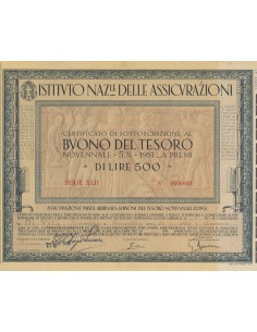 BTP NOVENNALE 500 LIRE SERIE XLII - IST. NAZ. DELLE ASSICURAZIONI 1942