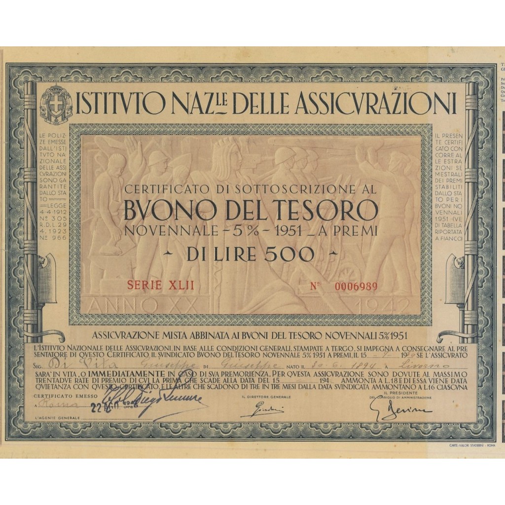 BTP NOVENNALE 500 LIRE SERIE XLII - IST. NAZ. DELLE ASSICURAZIONI 1942